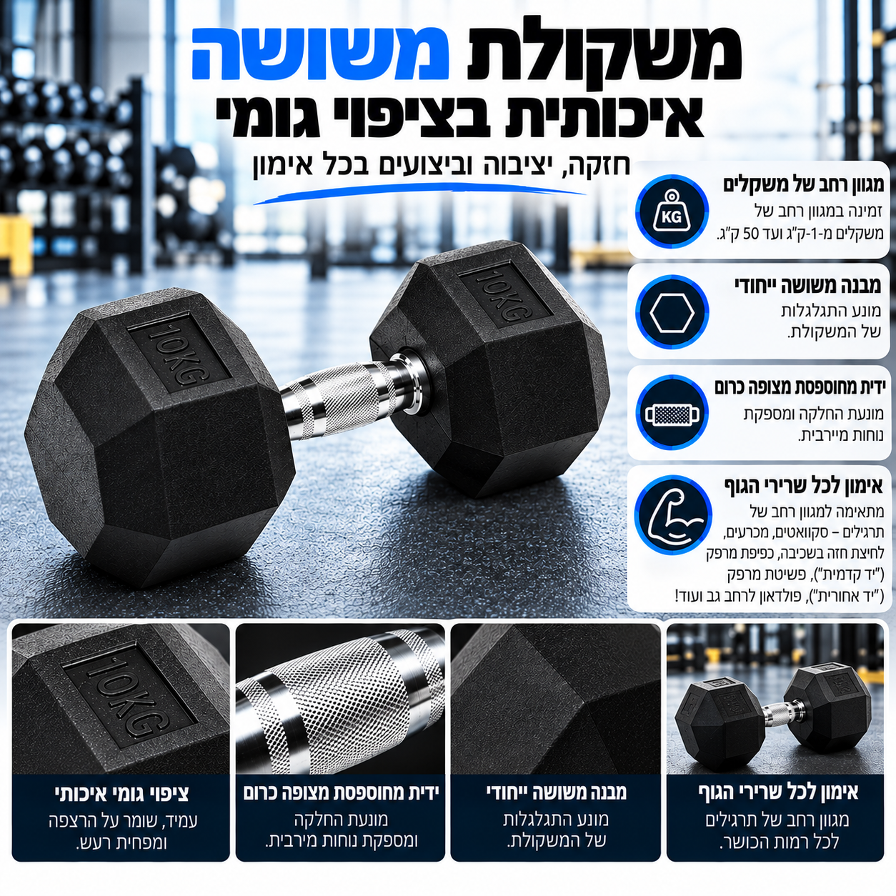 משקולת משושה איכותית בציפוי גומי — תמונה 2