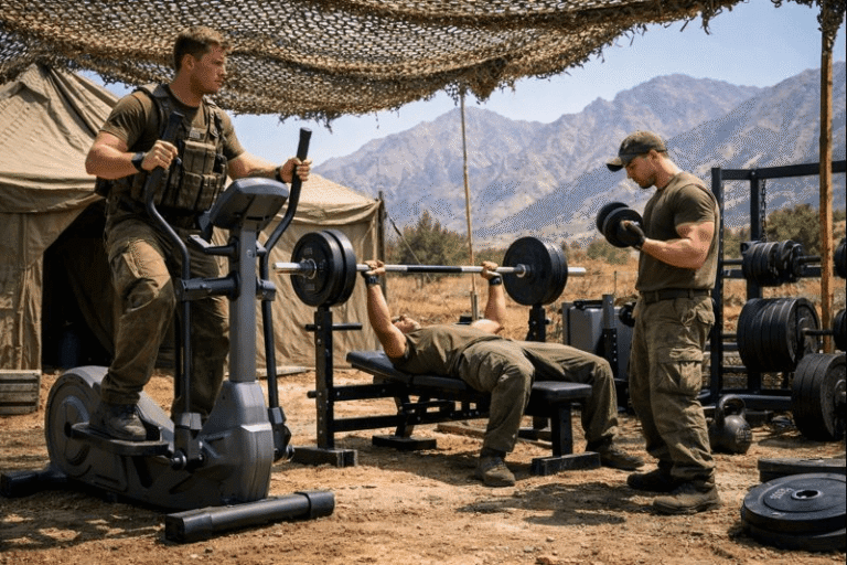 חיילים מתאמנים בחדר כושר נייד בשטח פתוח עם אליפטיקל מכני, משקולות חופשיות וציוד כושר מקצועי המותאם לבסיסים ולמילואים