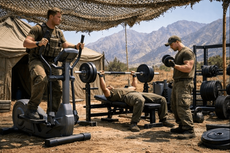 חיילים מתאמנים בחדר כושר נייד בשטח פתוח עם אליפטיקל מכני, משקולות חופשיות וציוד כושר מקצועי המותאם לבסיסים ולמילואים