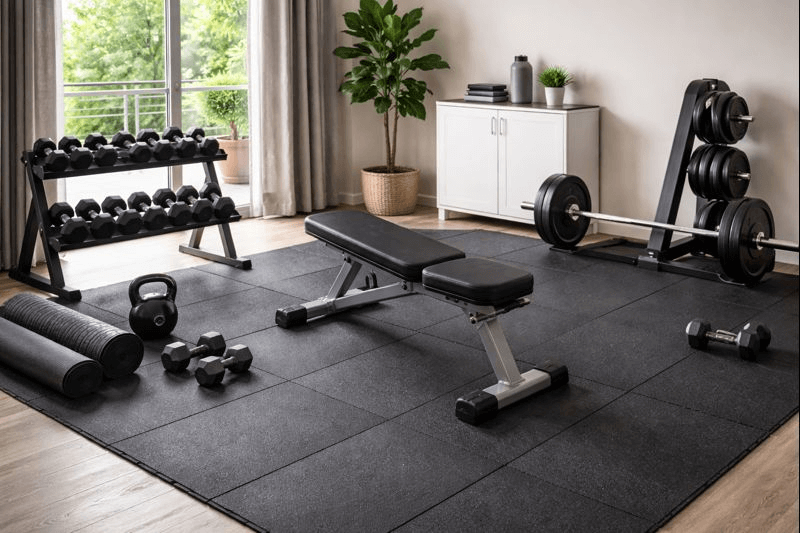 רצפת גומי לבית בחדר כושר ביתי עם משקולות ואריחי גומי לבידוד רעש