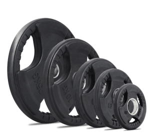 זוג צלחות אולימפיות מגומי בצבע שחור, זמינות במשקלים שונים (1.25 ק"ג עד 20 ק"ג), מתאימות למוטות אולימפיים, בעלות ציפוי איכותי למניעת רעש ושמירה על הרצפה.